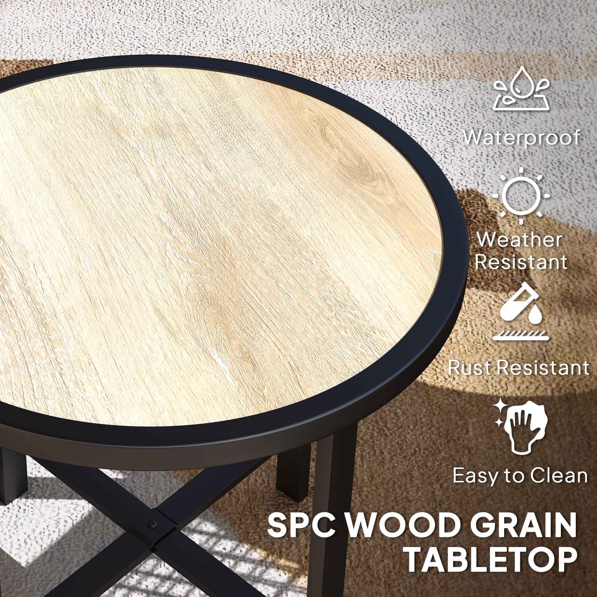 Round Small Garden Table, 50.5cm Outdoor Side Table With SPC Tabletop, Metal Frame And Anti-slip Foot Pads For Garden, Balcony, Nature Wood Finish