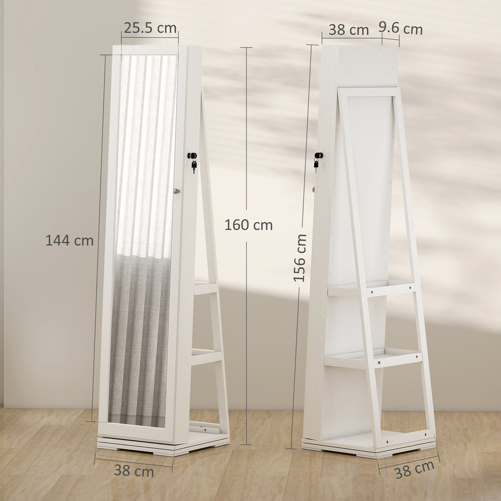 360° Swivel Jewellery Cabinet, Free Standing Full Length Mirror With Storage, Lockable Jewellery Organiser With Built-in Makeup Mirror And Storage Shelves For Bedroom, White
