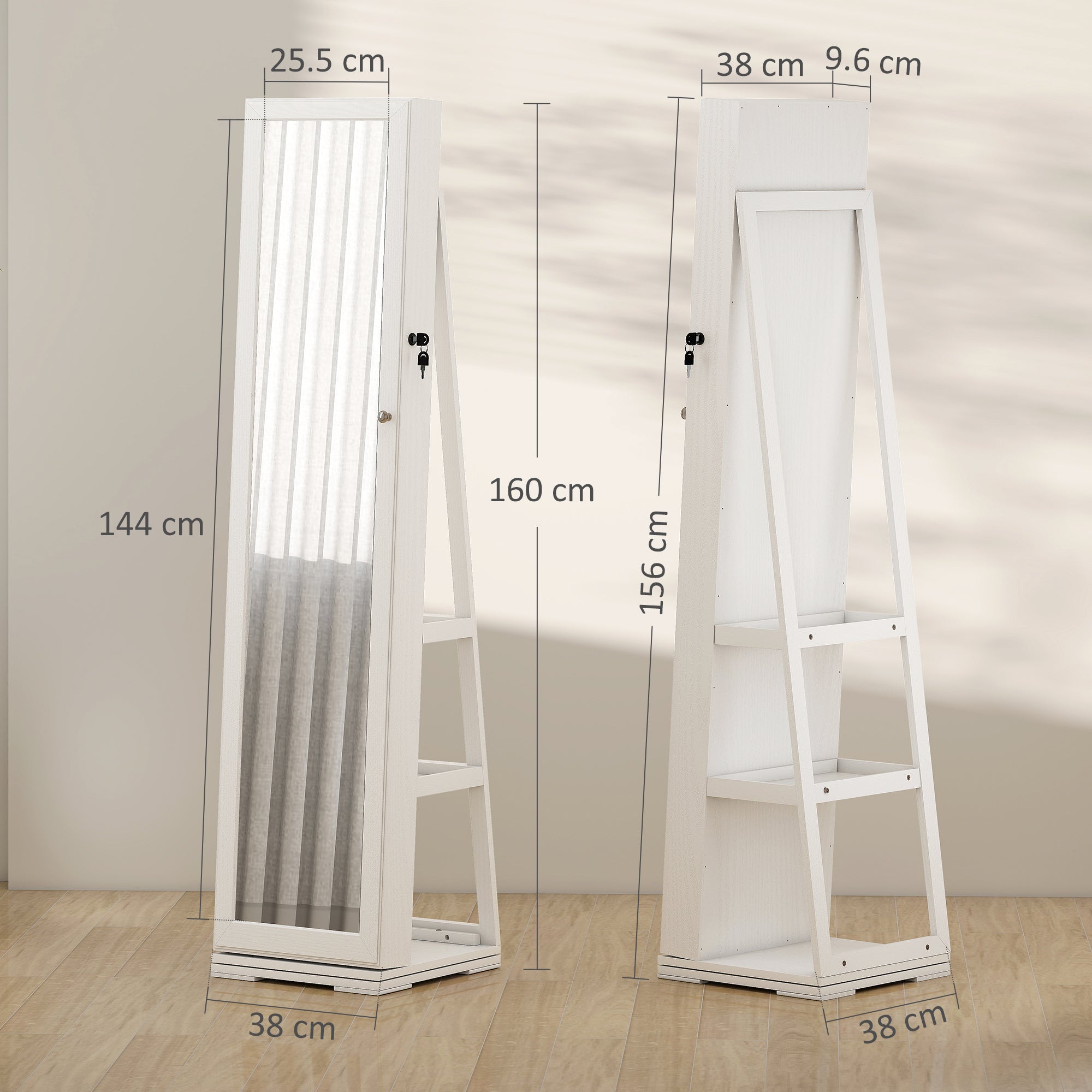 360° Swivel Jewellery Cabinet, Free Standing Full Length Mirror With Storage, Lockable Jewellery Organiser With Built-in Makeup Mirror And Storage Shelves For Bedroom, White