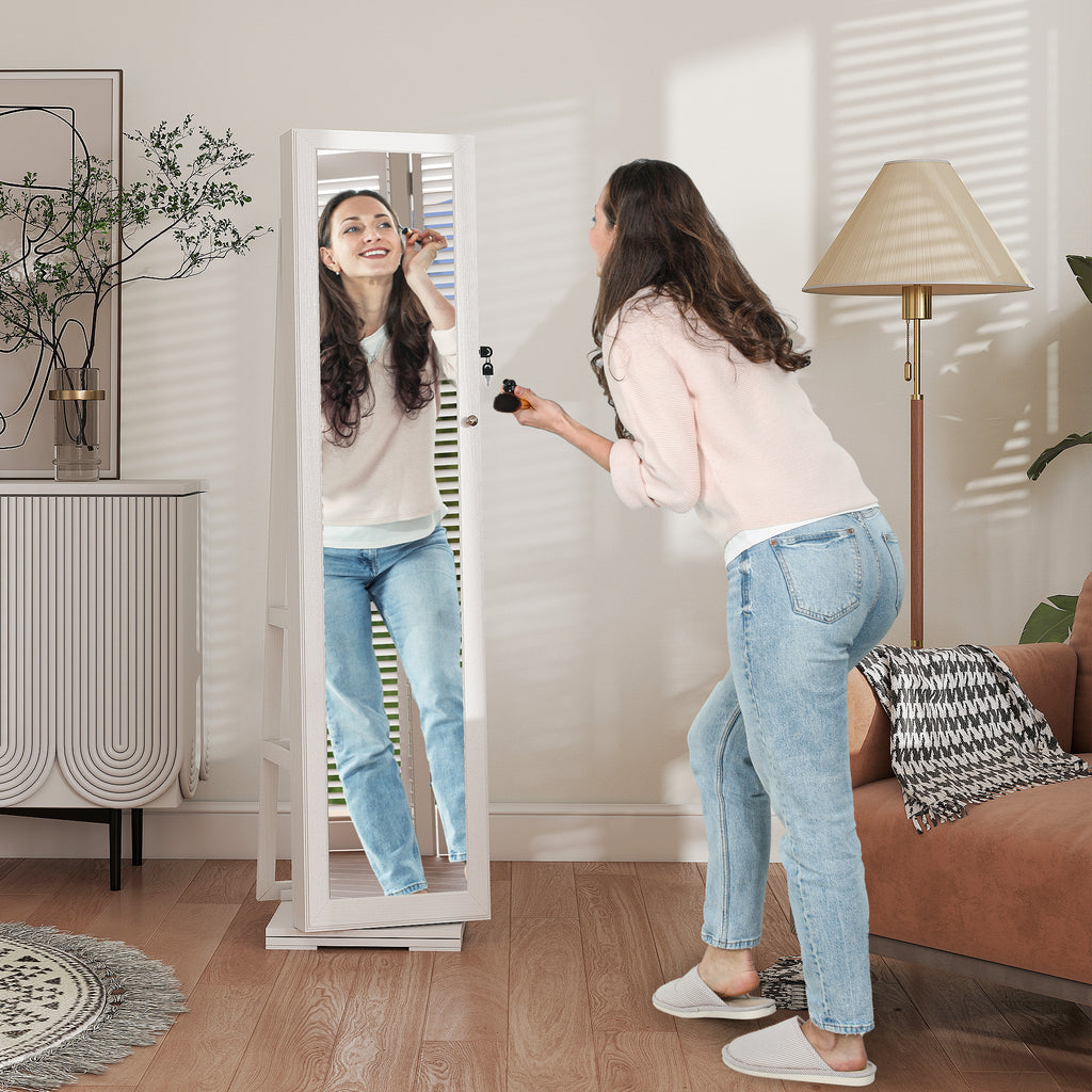 360° Swivel Jewellery Cabinet, Free Standing Full Length Mirror With Storage, Lockable Jewellery Organiser With Built-in Makeup Mirror And Storage Shelves For Bedroom, White