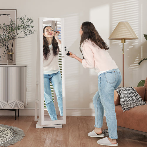 360° Swivel Jewellery Cabinet, Free Standing Full Length Mirror With Storage, Lockable Jewellery Organiser With Built-in Makeup Mirror And Storage Shelves For Bedroom, White