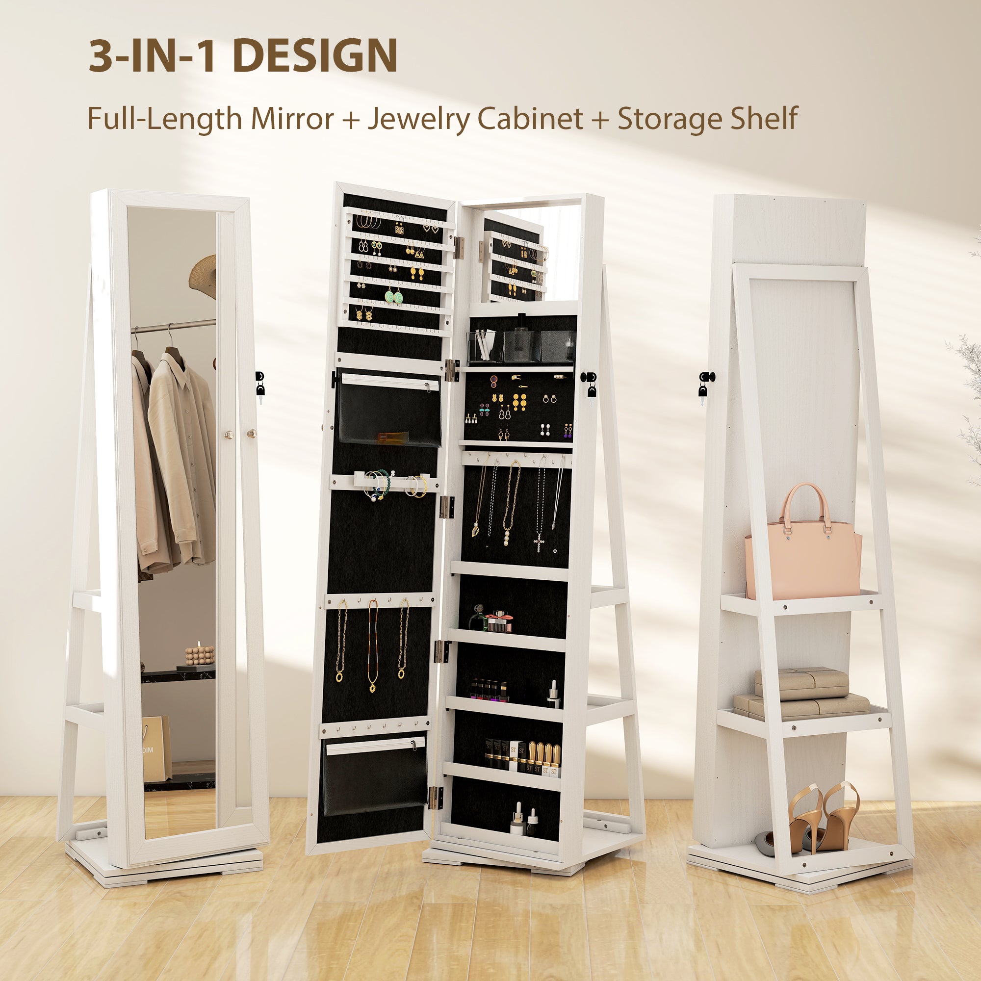 360° Swivel Jewellery Cabinet, Free Standing Full Length Mirror With Storage, Lockable Jewellery Organiser With Built-in Makeup Mirror And Storage Shelves For Bedroom, White
