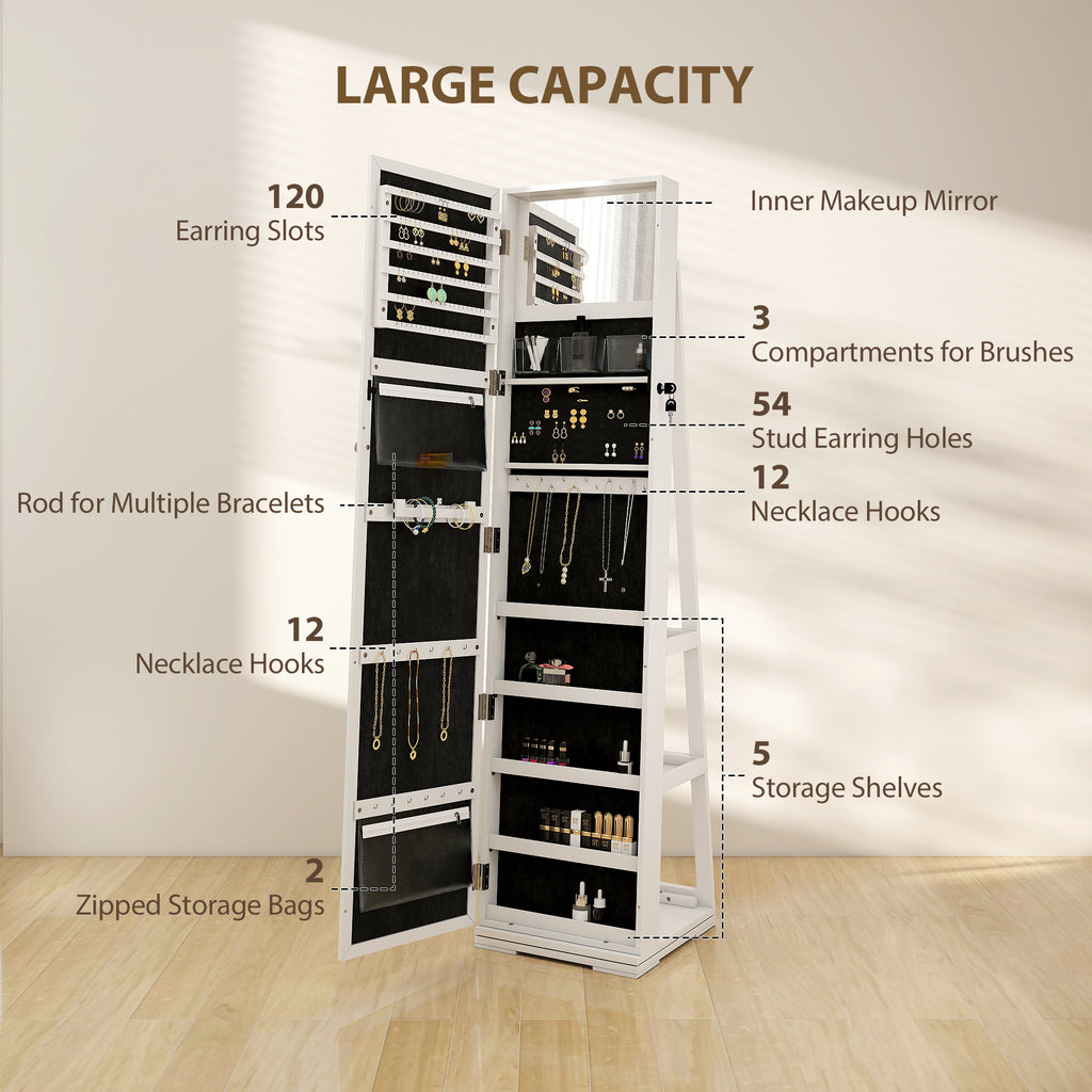 360° Swivel Jewellery Cabinet, Free Standing Full Length Mirror With Storage, Lockable Jewellery Organiser With Built-in Makeup Mirror And Storage Shelves For Bedroom, White