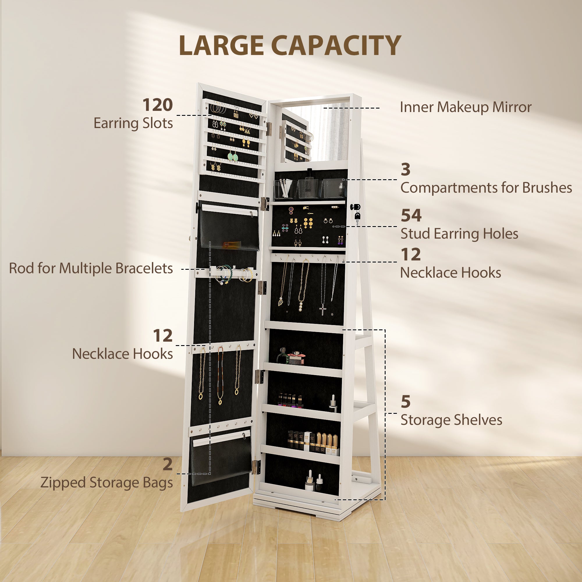 360° Swivel Jewellery Cabinet, Free Standing Full Length Mirror With Storage, Lockable Jewellery Organiser With Built-in Makeup Mirror And Storage Shelves For Bedroom, White