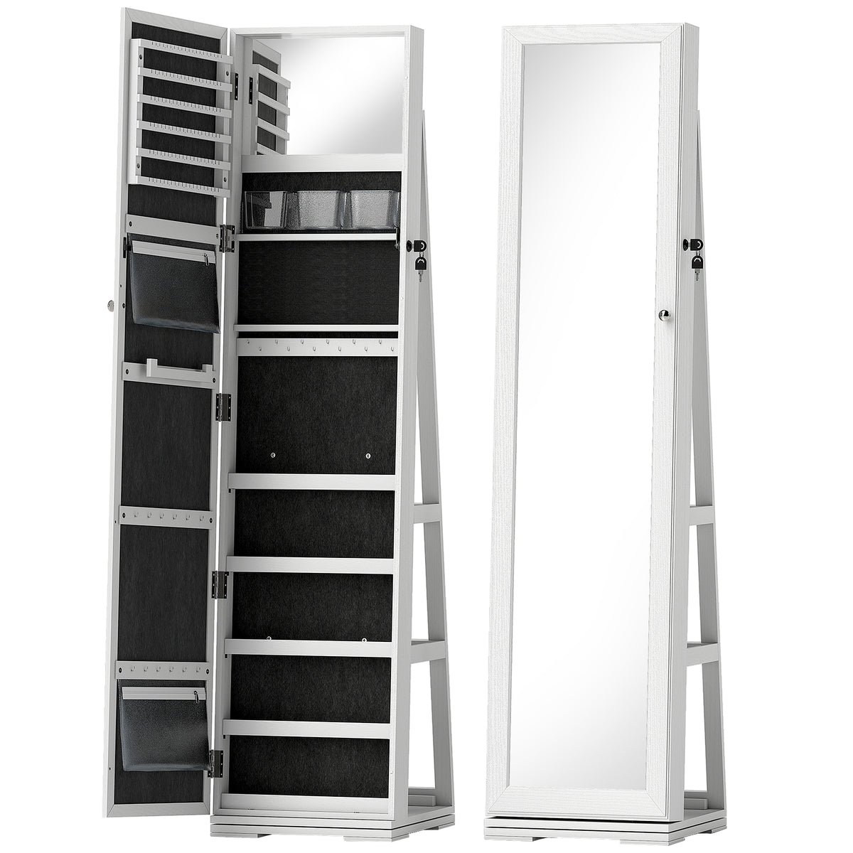 360° Swivel Jewellery Cabinet, Free Standing Full Length Mirror With Storage, Lockable Jewellery Organiser With Built-in Makeup Mirror And Storage Shelves For Bedroom, White