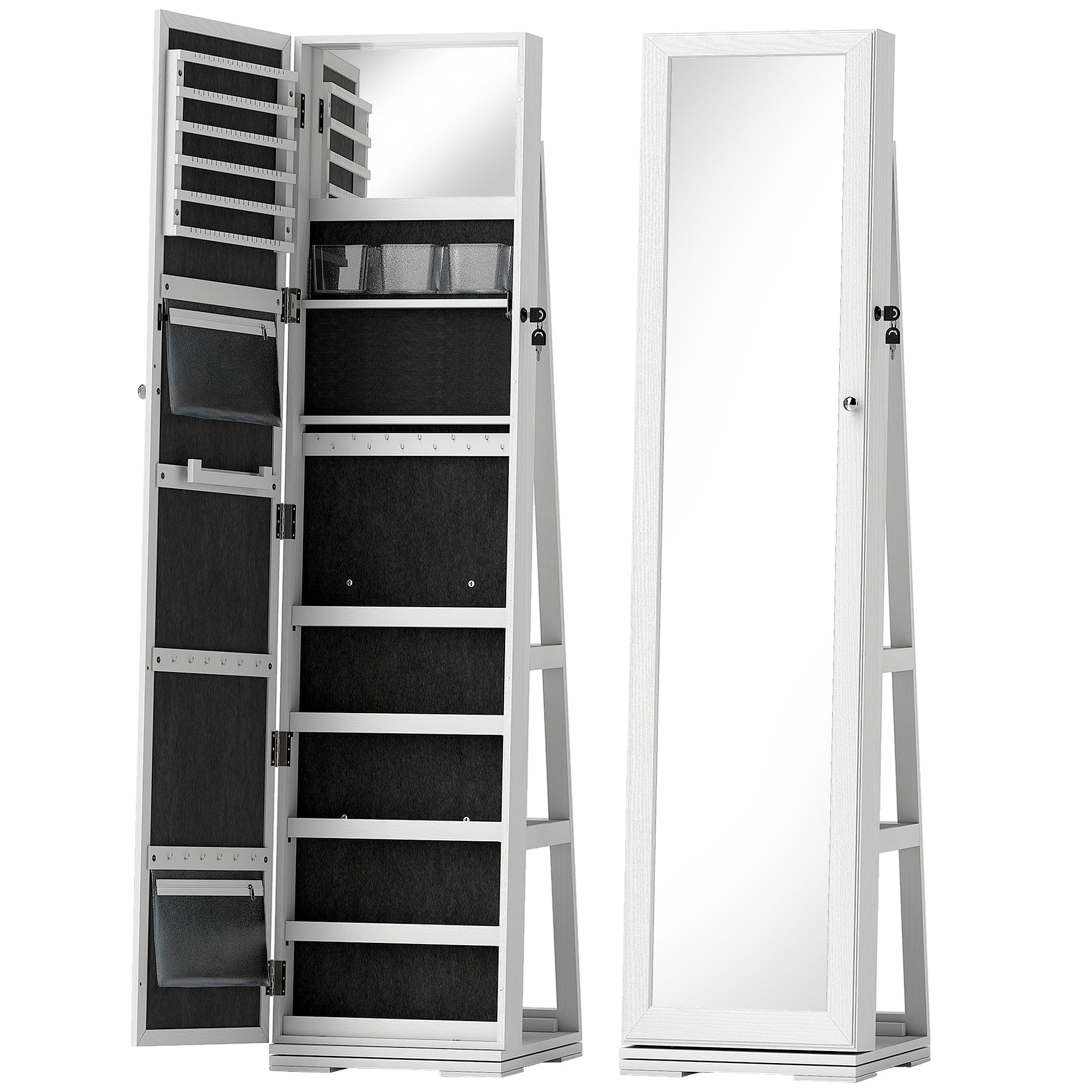 360° Swivel Jewellery Cabinet, Free Standing Full Length Mirror With Storage, Lockable Jewellery Organiser With Built-in Makeup Mirror And Storage Shelves For Bedroom, White